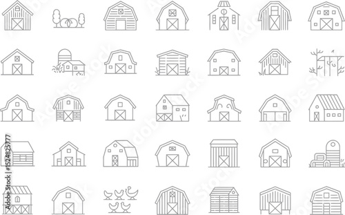 A collection of barn and farm building line art illustrations on white