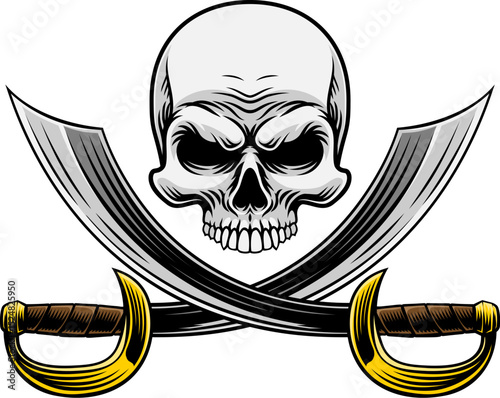 Pirate skull crossbones with crossing sabers or scimitar cutlass pirate swords. In a vintage retro woodcut style.