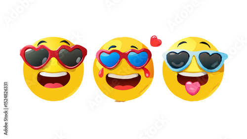 d vector style design of funny collection of emoji with smile, heart, tongue, sunglasses and tear. Vector large set of illustration of happy fun yellow color emoticon with different emotion