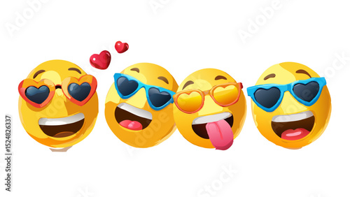 d vector style design of funny collection of emoji with smile, heart, tongue, sunglasses and tear. Vector large set of illustration of happy fun yellow color emoticon with different emotion