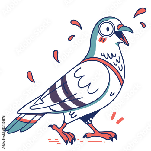 Cartoon pigeon with open beak and large eye stands surrounded by drops