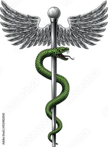 Rod of Asclepius staff medical symbol. Snake around rod or wooden staff. Often mistakenly called Caduceus. Doctor medicine and health care icon. Vintage woodcut etching style. Also features wings.