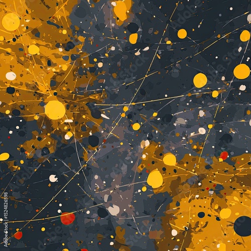 Abstract art with gold, yellow, and grey splatters on dark background