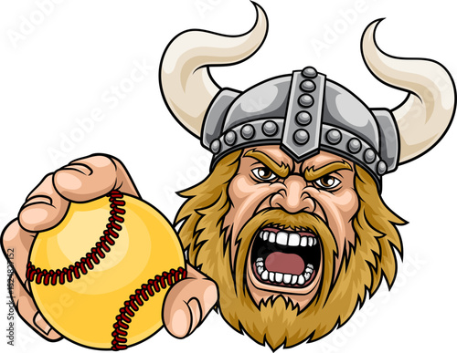 A Viking man holding Softball ball sports team cartoon charcater mascot illustration.