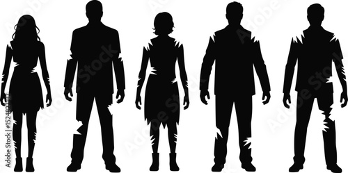 Zombie silhouette vector, horror undead people, scary shadow characters, Halloween costume design, creepy figure illustration, spooky night monster art