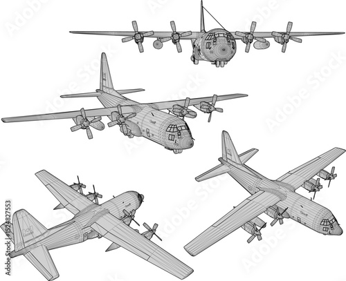 vector illustration of commercial passenger cargo plane design with 4 propellers
