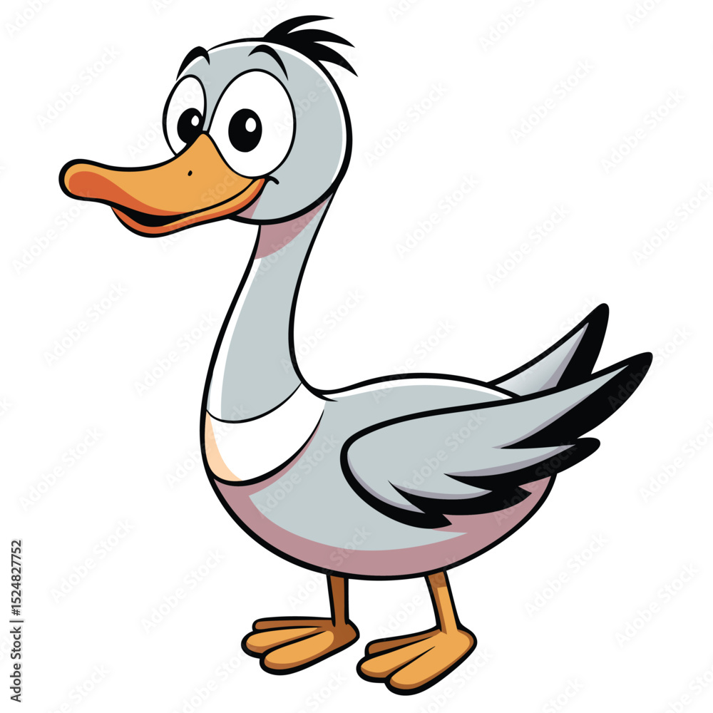 Obraz premium Cheerful gray cartoon goose is standing with a smile on an isolated white background