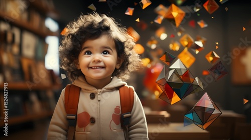 Happy toddler looking up at colorful geometric shapes a child's imagination