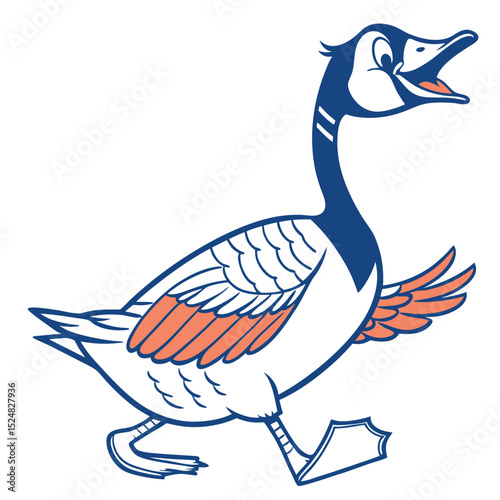 Playful goose strides forward, its neck extended in a cheerful pose, featuring vibrant plumage photo