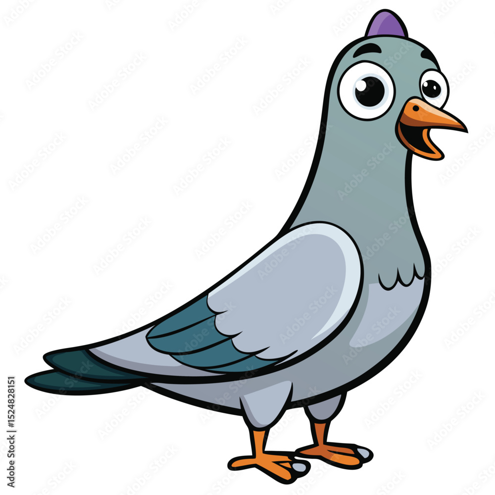 Fototapeta premium Joyful cartoon pigeon stands smiling, with its bright orange feet clearly visible against a white background