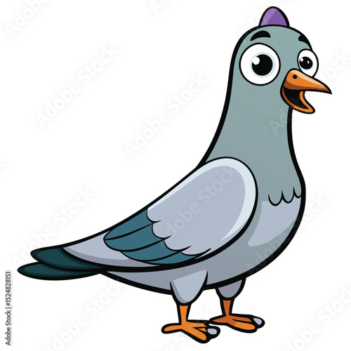 Joyful cartoon pigeon stands smiling, with its bright orange feet clearly visible against a white background