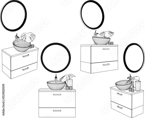 vector illustration of furniture design of vanity table washbasin shelf with mirror glass