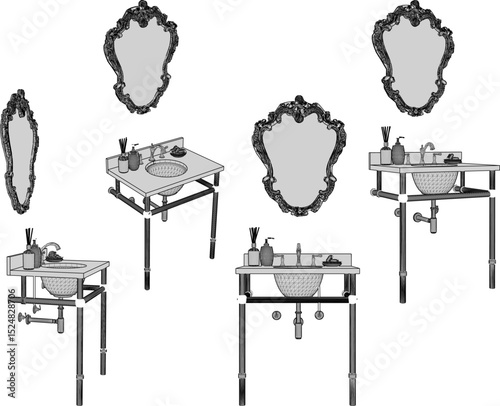 vector illustration of furniture design of vanity table washbasin shelf with mirror glass 