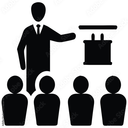 Presentation Icon Speaker, Audience, and Lectern Conveying Business Meeting or Educational Seminar