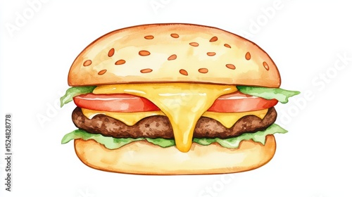 Delicious watercolor illustration of a cheeseburger with lettuce, tomato, cheese, and sesame seed bun on a white background