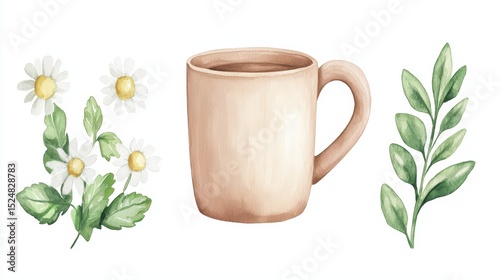 Digital watercolor illustration of cute mug surrounded by chamomile flowers and green plant leaves on white background