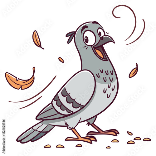 Happy cartoon pigeon gazes upward near seeds and feathers on a white background