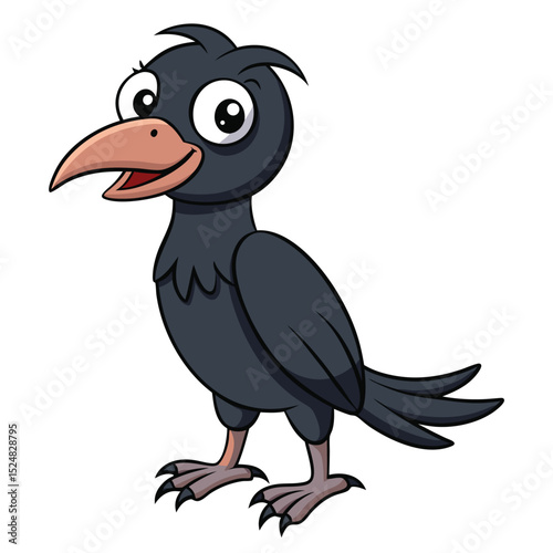 Cartoonish crow character stands cheerfully with its beak open on the white background