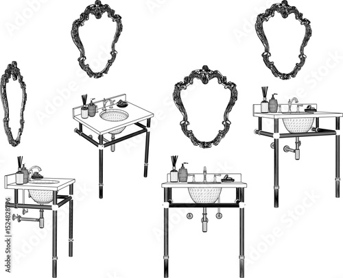 vector illustration of furniture design of vanity table washbasin shelf with mirror glass 