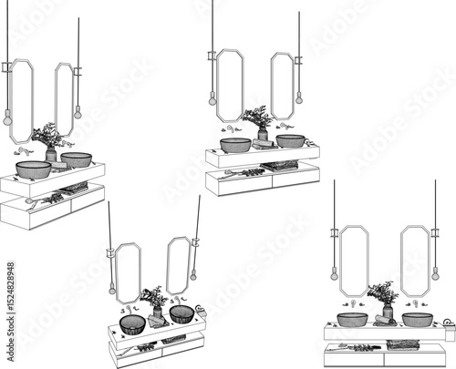vector illustration of furniture design of vanity table washbasin shelf with mirror glass 