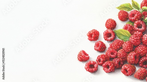 Fresh and juicy raspberries with green leaves on white background for culinary or health-related projects