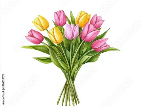 Bright colorful tulip bouquet with yellow and pink flowers against a simple white background for spring and decoration