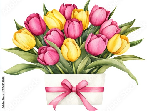 Beautiful watercolor illustration of vibrant pink and yellow tulips in a white vase with a pink ribbon on a light background