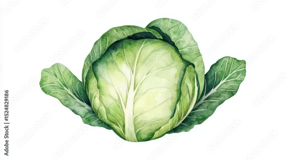 Fototapeta premium Fresh green cabbage with crisp leaves on a white background for healthy culinary and gardening concepts