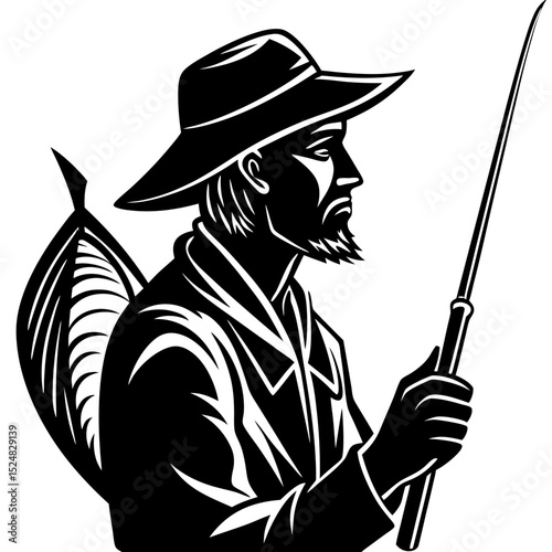 silhouette of a fisherman with fishing rod