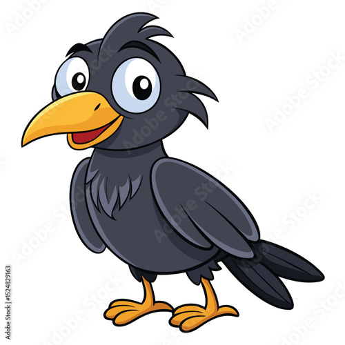Cheerful dark cartoon bird stands looking with its bright yellow beak and feet
