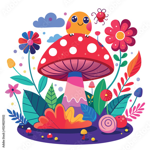 Colorful Cartoon Scene Mushroom, Smiling Creature, Flowers, Snail, and Ladybug Illustration