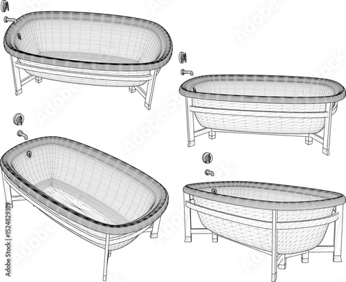 vector illustration of granite stone bathtub design with modern shower for soaking in bathroom