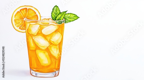 Refreshing lemonade with ice and mint leaves in a clear glass on a white background for summer drinks