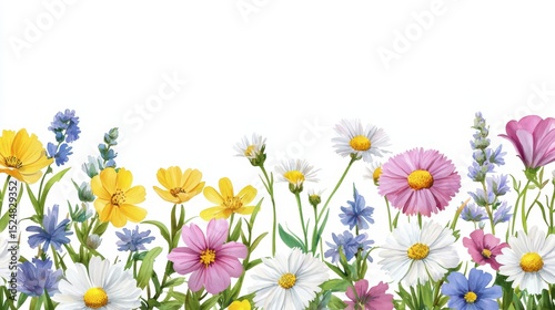 Vibrant floral pattern with colorful wildflowers in bloom against white background for seasonal decorations and designs