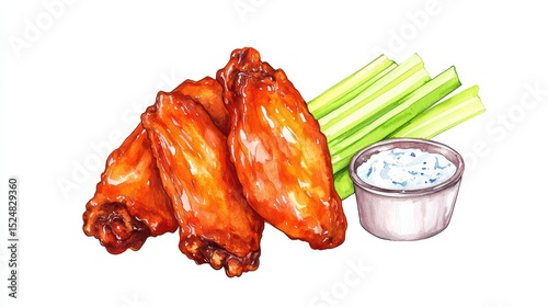 Delicious chicken wings with celery sticks and creamy dip on a white background for culinary delight and recipe inspiration