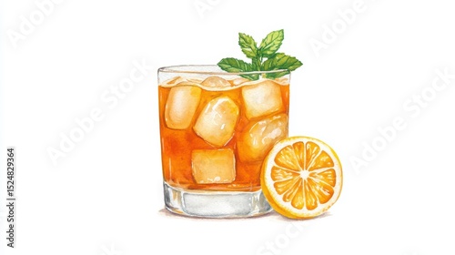 Refreshing beverage with ice cubes, lemon slice, and mint garnish in a clear glass on a white background