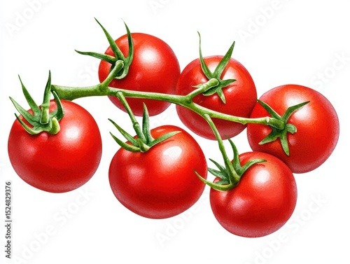 Freshly harvested cherry tomatoes on green vine isolated on white background, perfect for culinary and health presentations