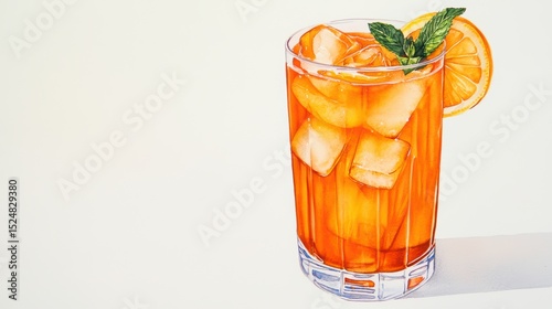 Refreshing ice tea beverage with citrus garnish and ice cubes in a clear glass on a bright background