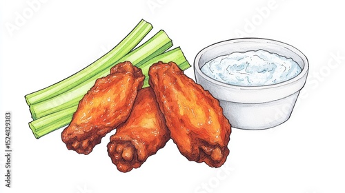 Delicious hot chicken wings with creamy dip, fresh celery sticks and savory side on white background for food lovers