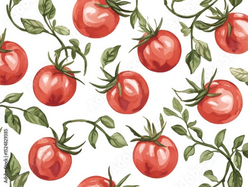 Vibrant hand-drawn tomato pattern with green leaves on white background ideal for fresh food or kitchen decor