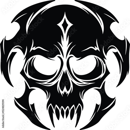 Stylized Black Tribal Skull Illustration with Intricate Details
