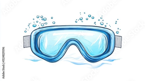 Detailed illustration of a blue swimming goggles surrounded by water bubbles on a white background for aquatic themes