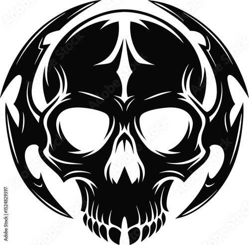 Stylized Black Tribal Skull Illustration with Intricate Details