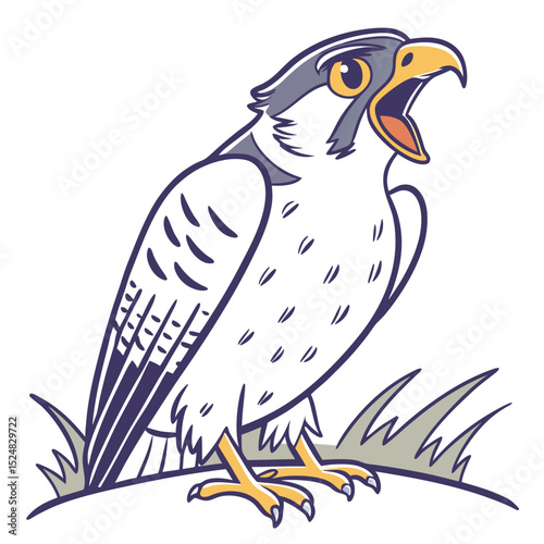 Cartoon peregrine falcon with open beak stands in the grass and looks assertive