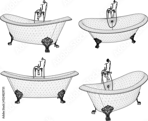 vector illustration of granite stone bathtub design with modern shower for soaking in bathroom