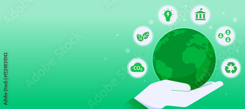 Green Sustainable Business Ideas banner, hand holding earth Save our environment concept illustration