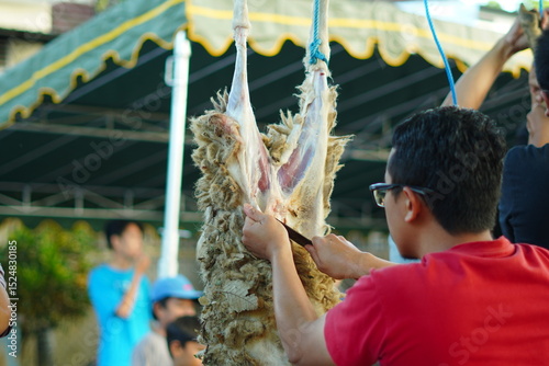 A man skinning a sacrificial goat that was hung on a pole during Eid al-Adha