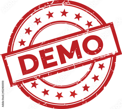 Red Rubber Stamp "Demo" with Stars, Circular Design, Isolated on White Background.