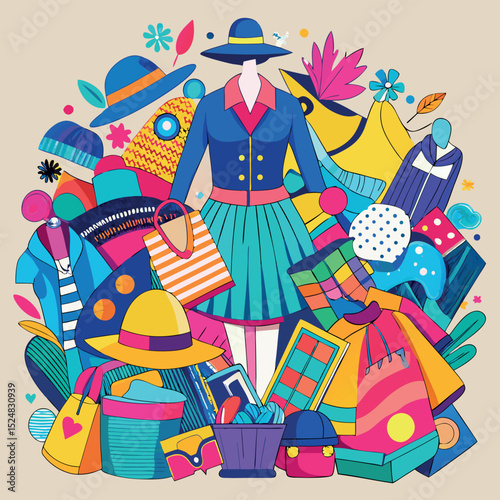 Colorful Fashion Illustration Mannequin Surrounded by Clothes, Hats, Handbags, and Decorative Flowers