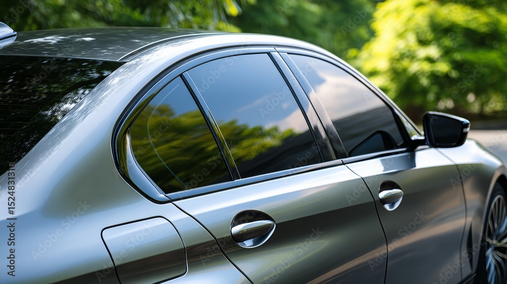 Obraz premium Side view of car window tint, ceramic film provides heat rejection and UV protection with stable color, car film installed on the glass surface of the , selected focus car tinting service